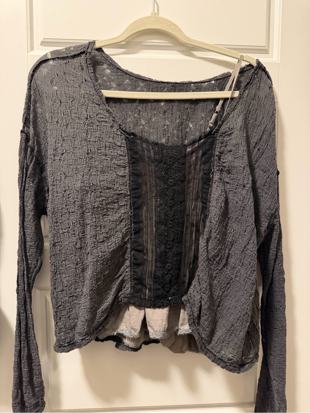 Free People Charcoal Gray Lace-Panel Long Sleeve Top